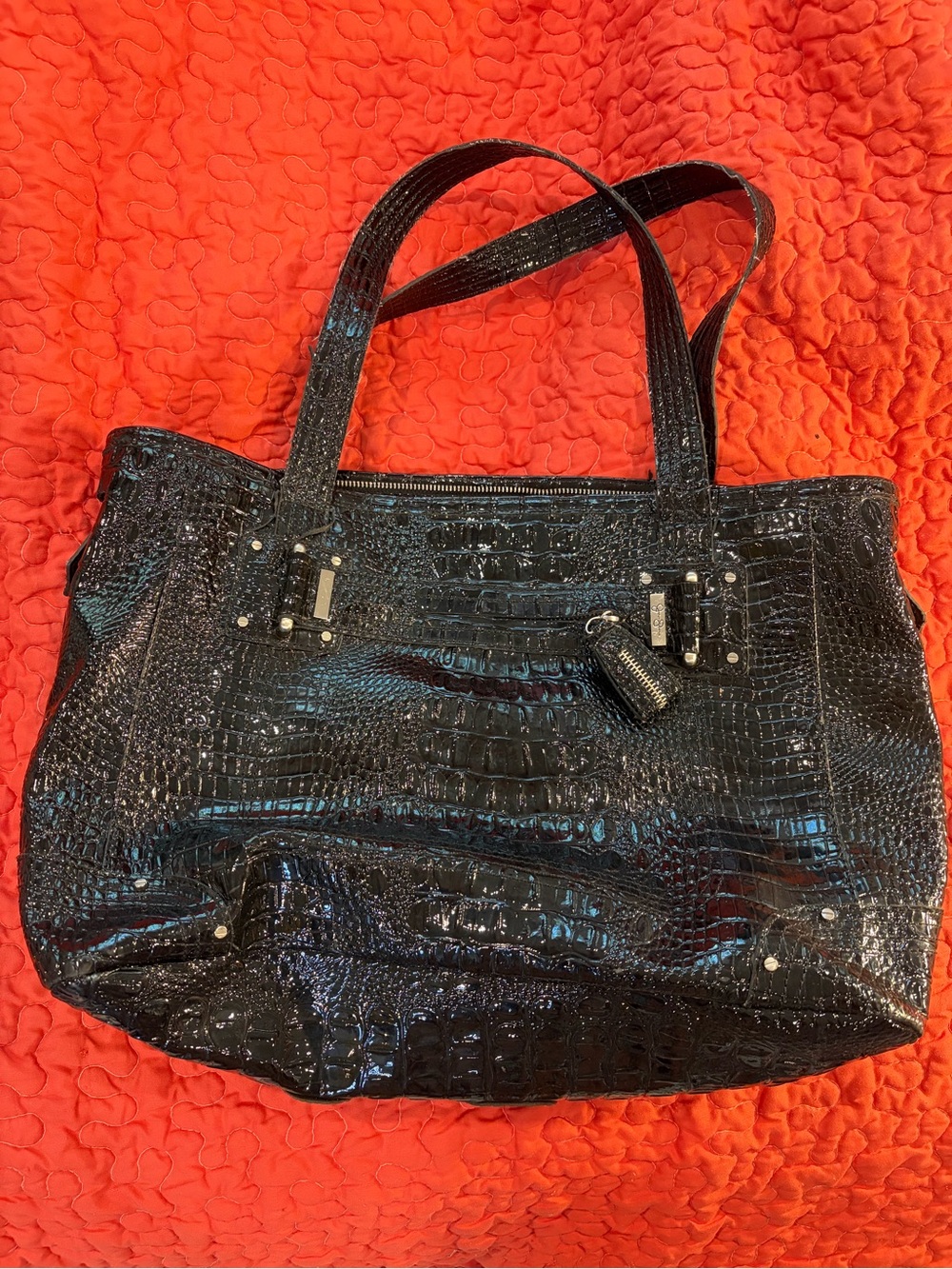 Black Croc-Embossed Patent Tote Bag